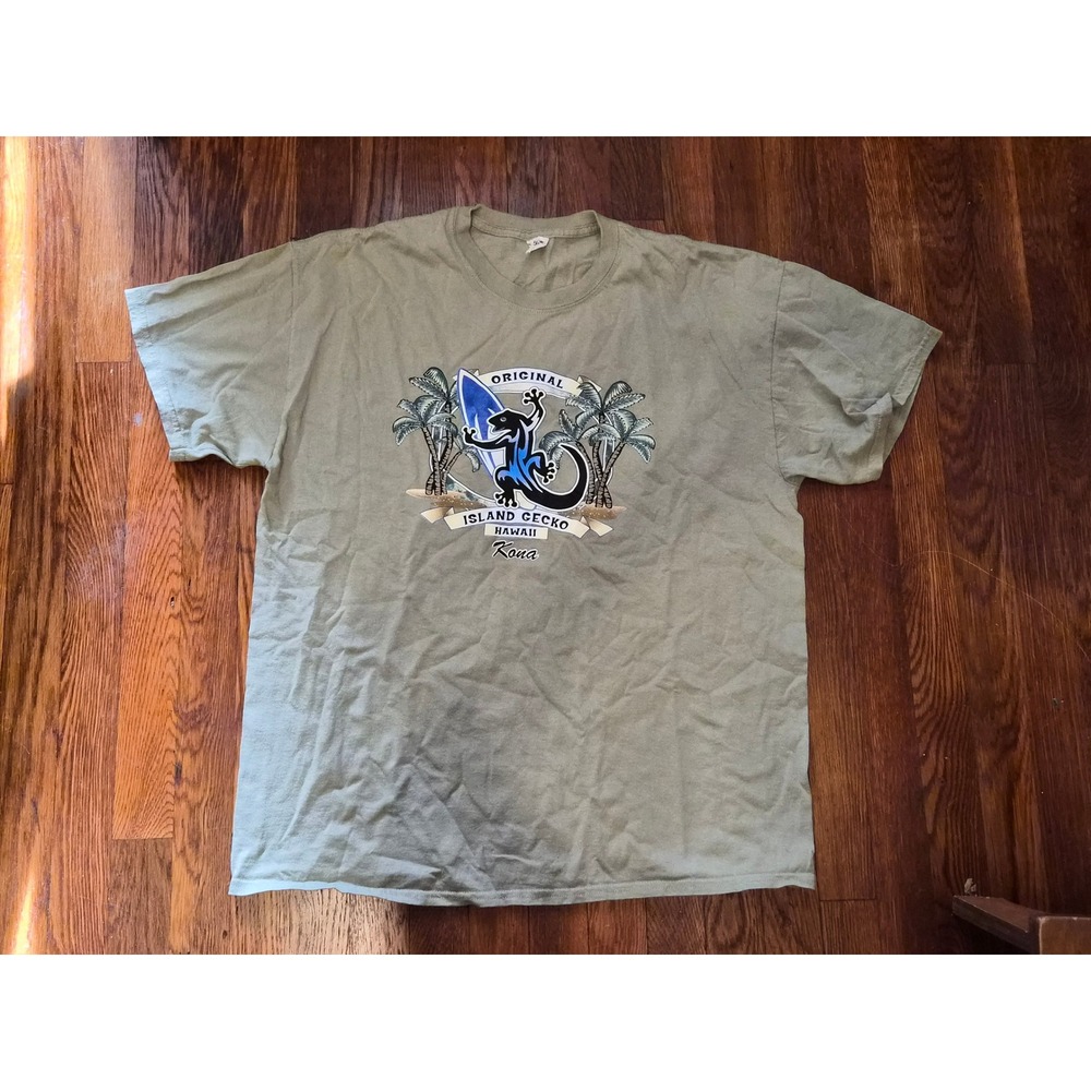 Island Gecko Hawaii Kona Graphic T-Shirt Mens XL Olive Green Surf Anvil Tee